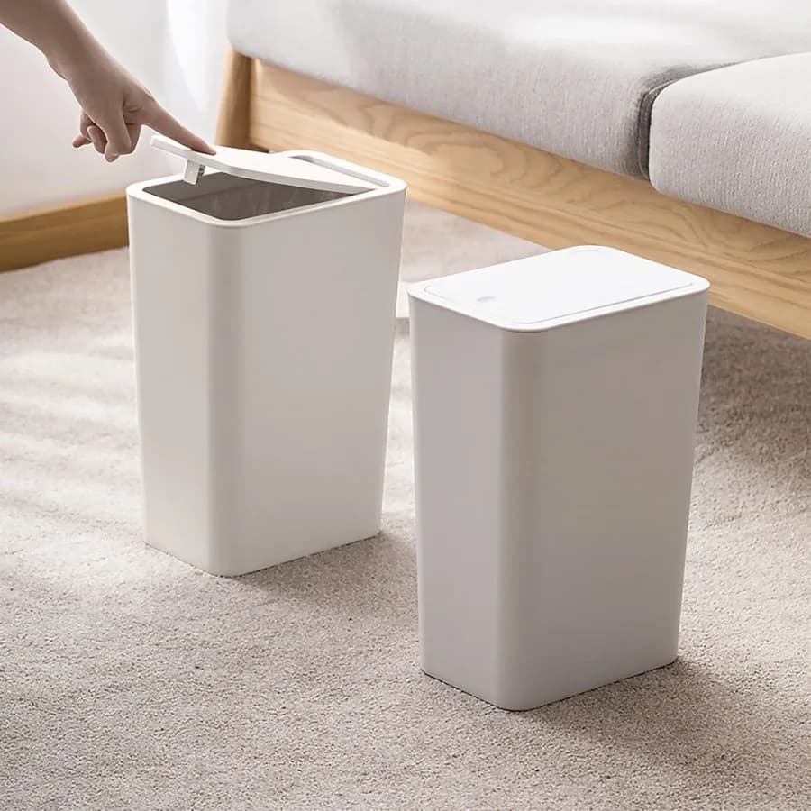 2 Pack Press Top Lid Trash Can 2.6 Gallon Modern Wastebasket for Compact Spaces Ideal for Bathroom and Office Use