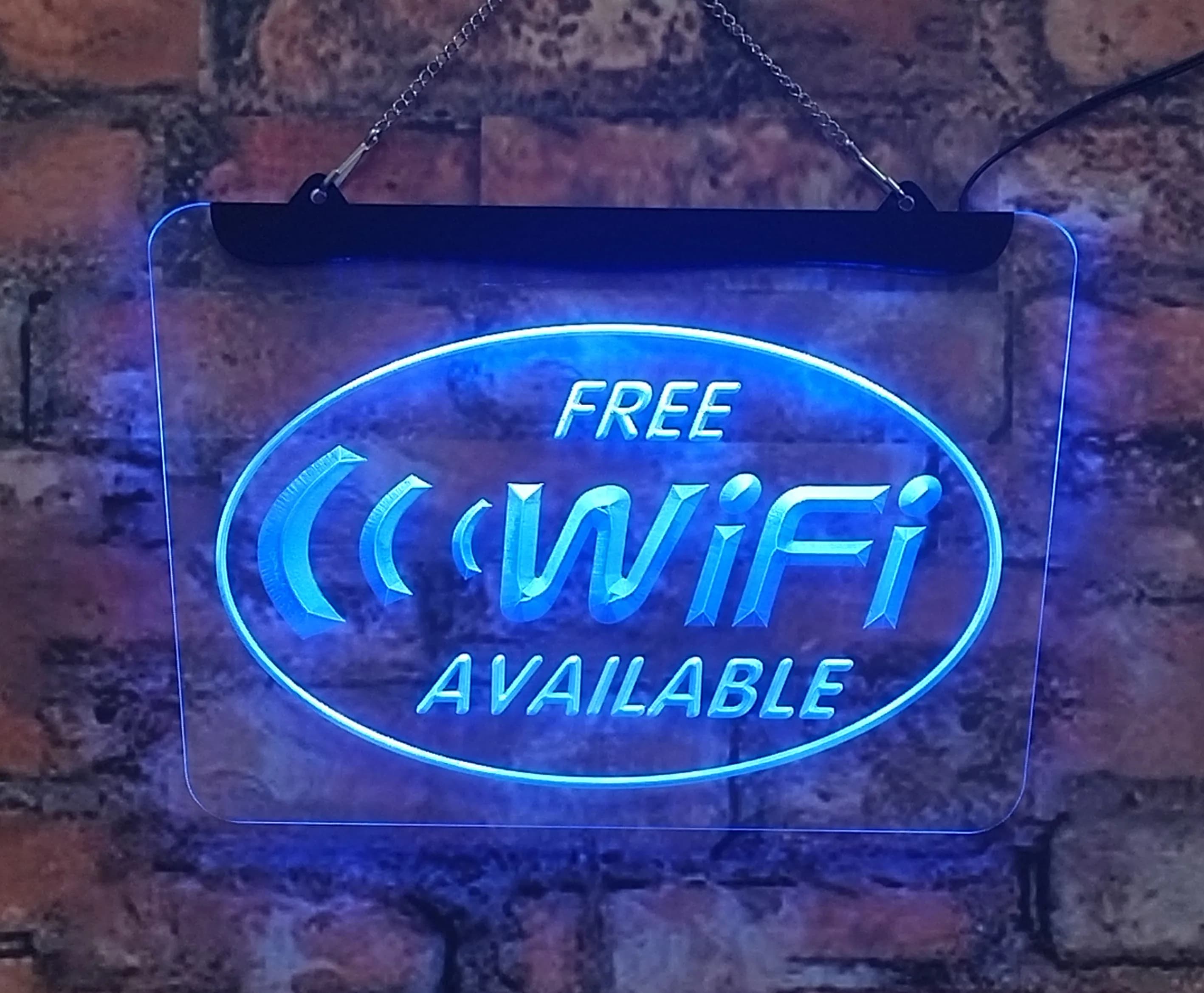 Segnale wifi wireless, insegne al neon nella zona pubblica del ristorante, decorazione della casa, arte della parete interna, blu per negozi di stanze