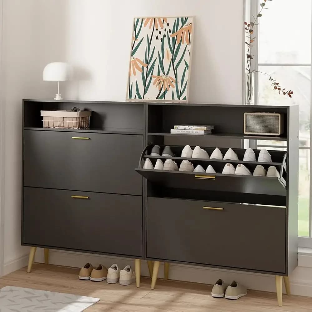 Double-level shoe with exhibition shelf, space saving design for the organization in the entrance (Nero)