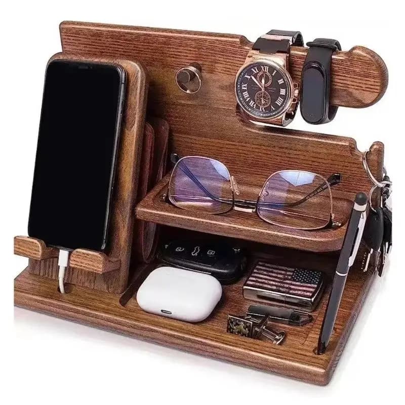 Comodino in legno Docking station per telefono in legno Supporto per portafoglio Supporto per orologio Scaffale per gioielli da tavolo multifunzionale