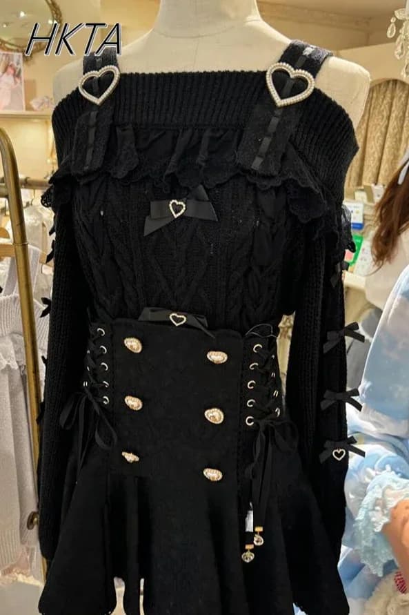 Maglione giapponese Liz Niche Mine Lolita Girls Sweet Bow Love Lace Maglione con bretelle con spalle scoperte Pullover Maglioni autunno inverno