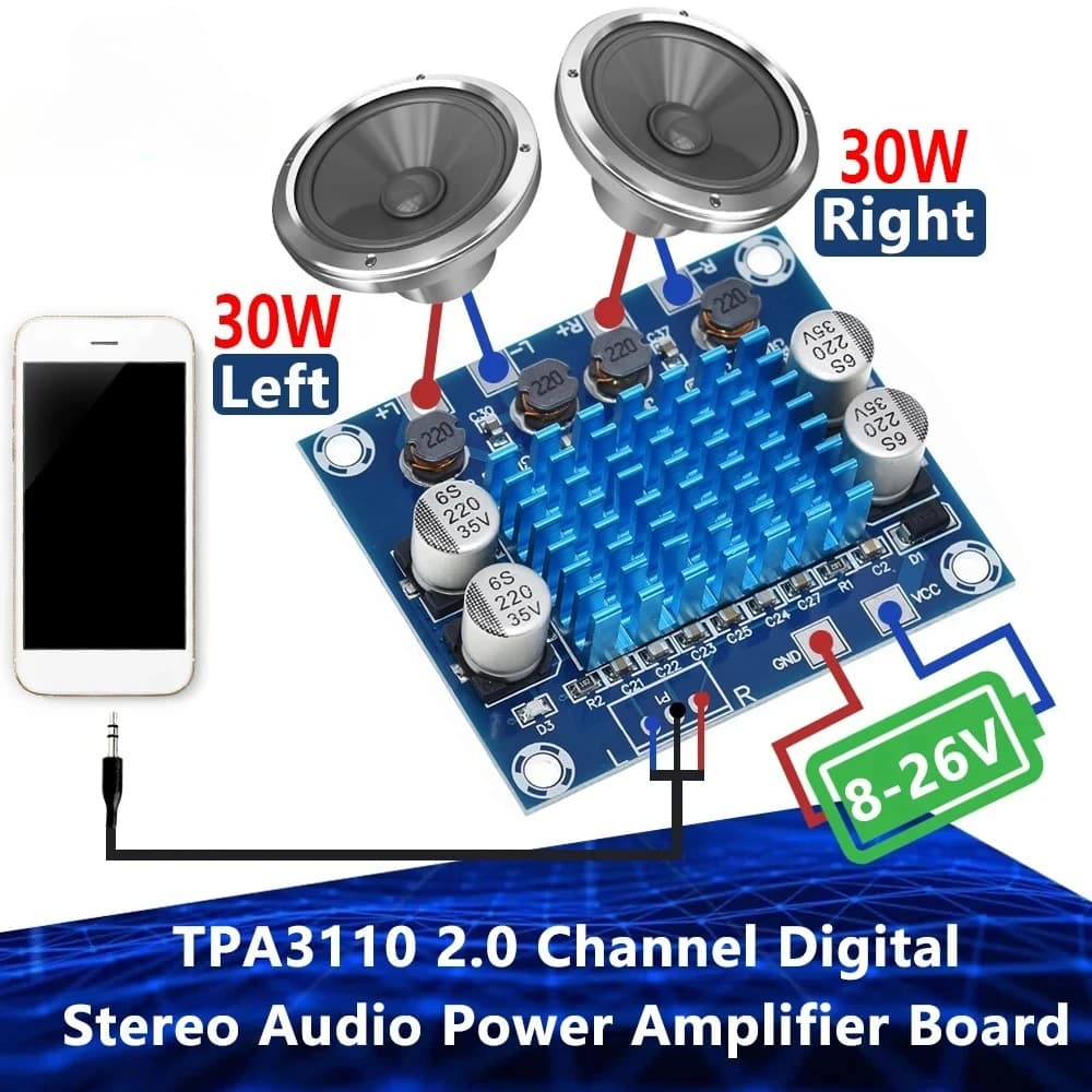 TPA3110 XH-A232 30W+30W Digital Amplifier Card Stereo to 2.0 DC channels 8-26V 3A for Arduino