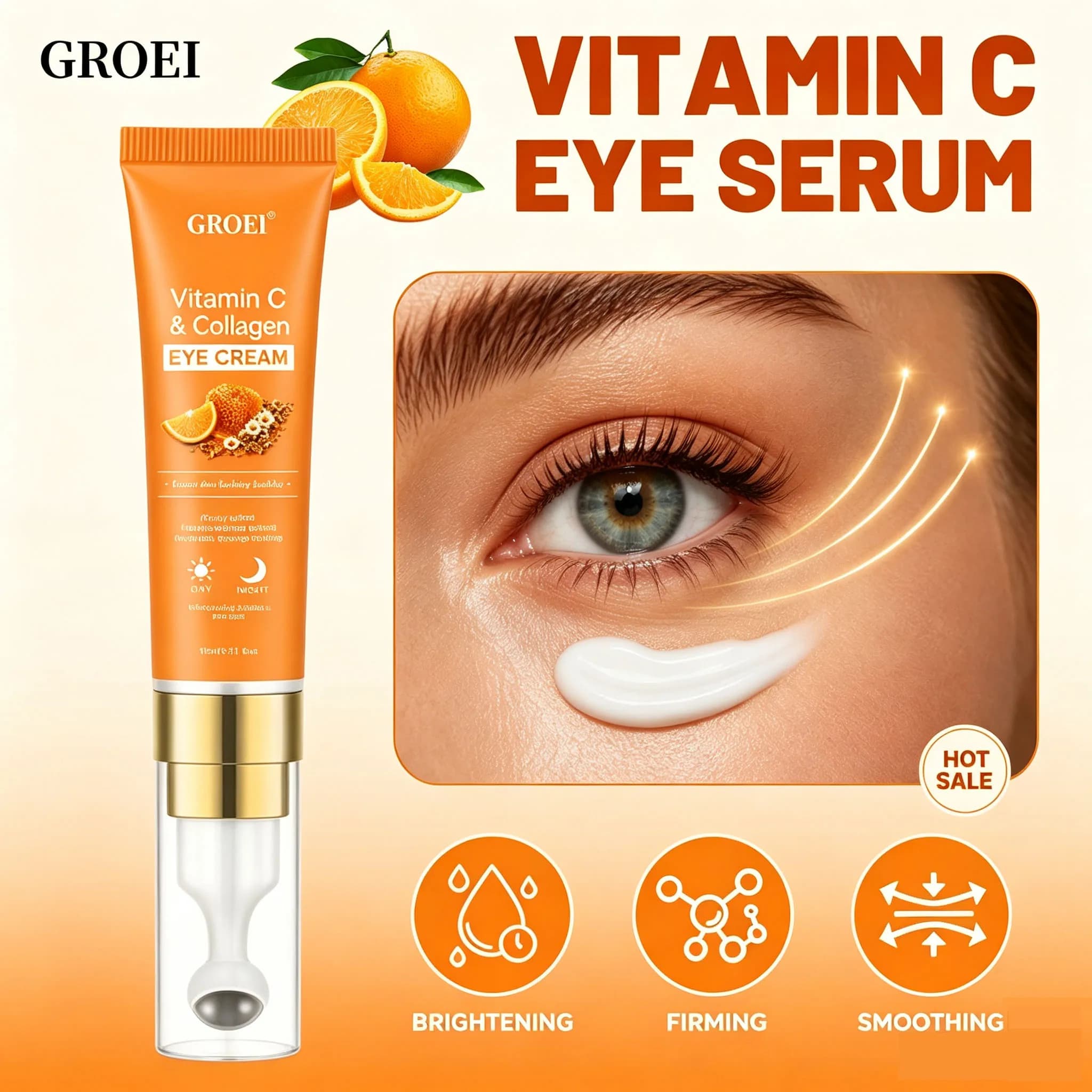 GROEI Vitamin C Collagen Eye Cream 15ml with Honey Centella Asiatica, Hydrating Brightening Under Eye Serum for Smooth Skin