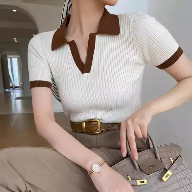 REALEFT T-shirt Polo Estiva da Donna Stile Francese Patchwork 2025 Nuova Maglia a Maniche Corte Slim in Maglia Top Donna