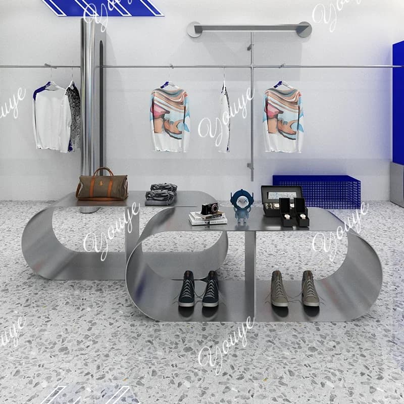 Q Negozio di abbigliamento, espositore per negozio di scarpe e borse, espositore in acciaio inossidabile spazzolato, espositore per negozio di abbigliamento da uomo
