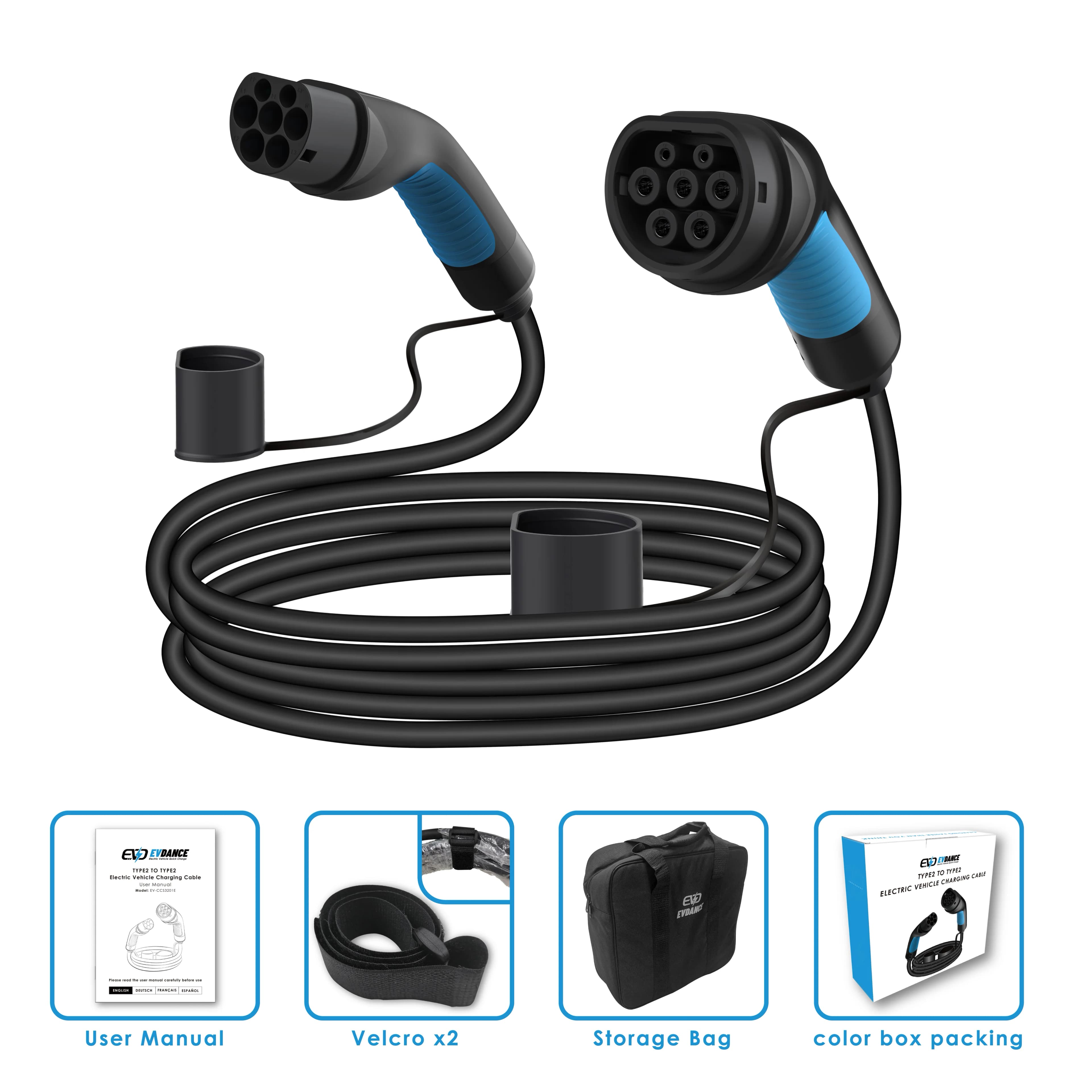 EVDANCE charging cable EV 6/8/10M 22KW 3 steps 32A Type 2 to Type 2 charging cable for electric vehicles for charging stations