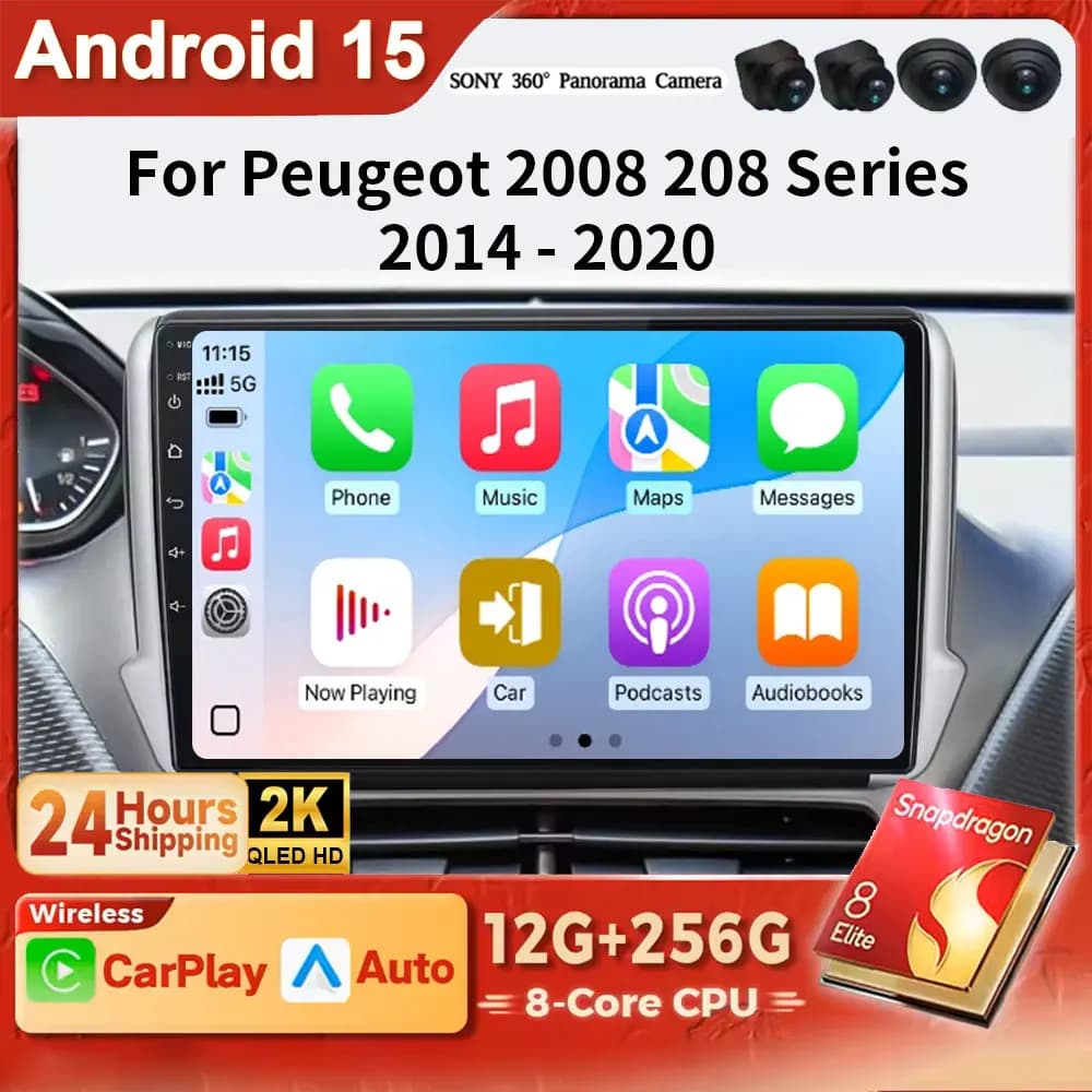 Android 15 2K QLED Wireless CarPlay Auto Car Radio For Peugeot 2008 208 Series 2012-2020 GPS Multimedia 2din System DSP DVD 4G