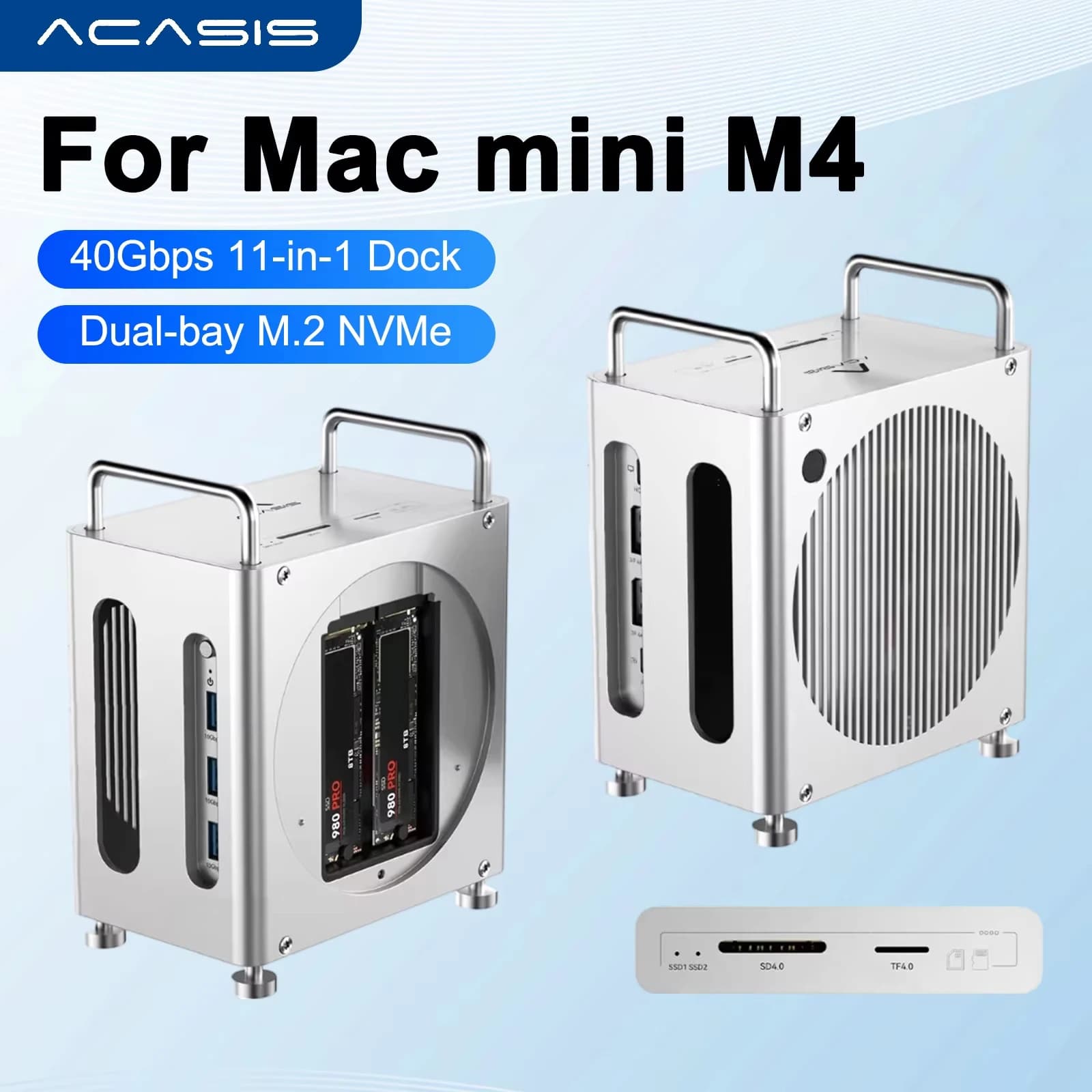 Acasis Mac Mini USB C Docking Station Dual-bay M.2 NVMe SSD Enclosure 16TB Max 40Gbps with HDMI 4K/144HZ SD&TF for Mac M4/M4 Pro
