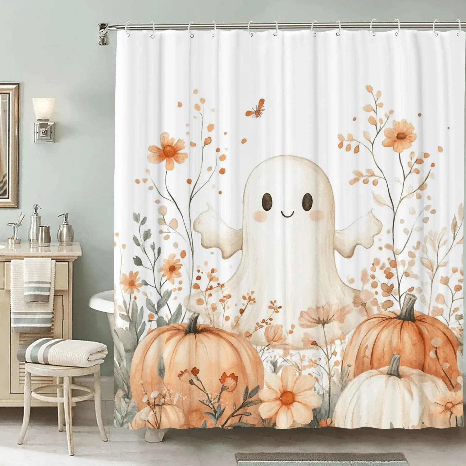 Tenda da doccia Ghost & Pumpkin – Design floreale artistico, tessuto non tessuto resistente all'acqua con 12 ganci per uso domestico o in hotel
