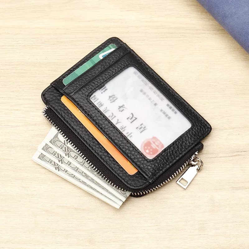 Portafoglio Sottile in Vera Pelle con Blocco RFID, Portamonete con Cerniera, Finestra Trasparente per Documenti e Piccola Tasca Organizer