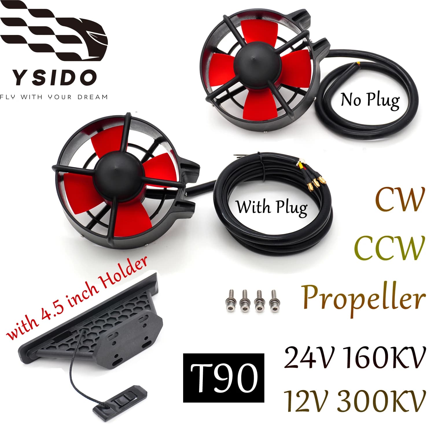 Propulsore Subacqueo YSIDO T90 da 6,2 KG di Spinta, 12-24V, Elica CCW/CW con Staffa e Base per Pinna, per Kayak e Gommoni