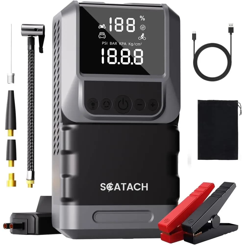 6000A 150PSI Portable Car Jump Starter with Air Compressor, 12V Jump Box, LED Light & Display