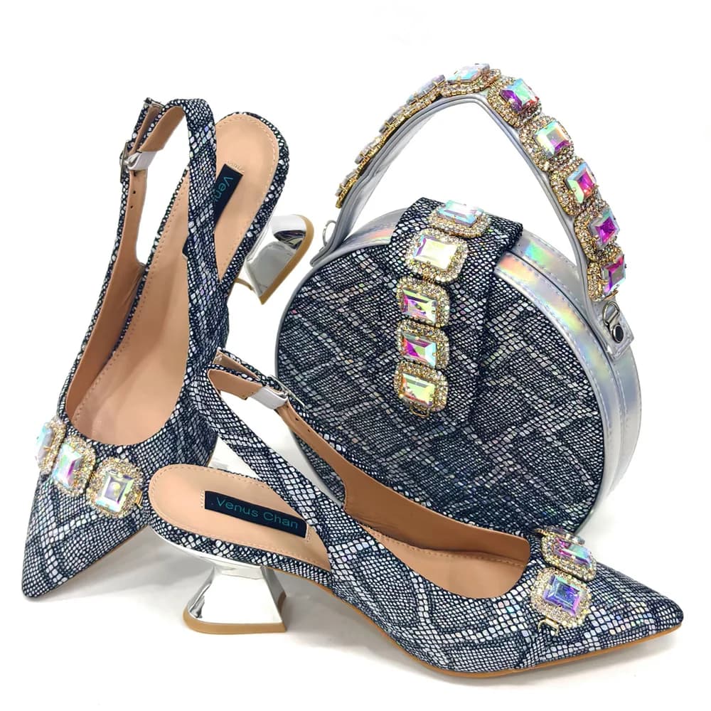 Nuovo design italiano moda casual nastro tacchi alti sandali nigeriani intarsiati con strass set di borse per scarpe da donna sexy