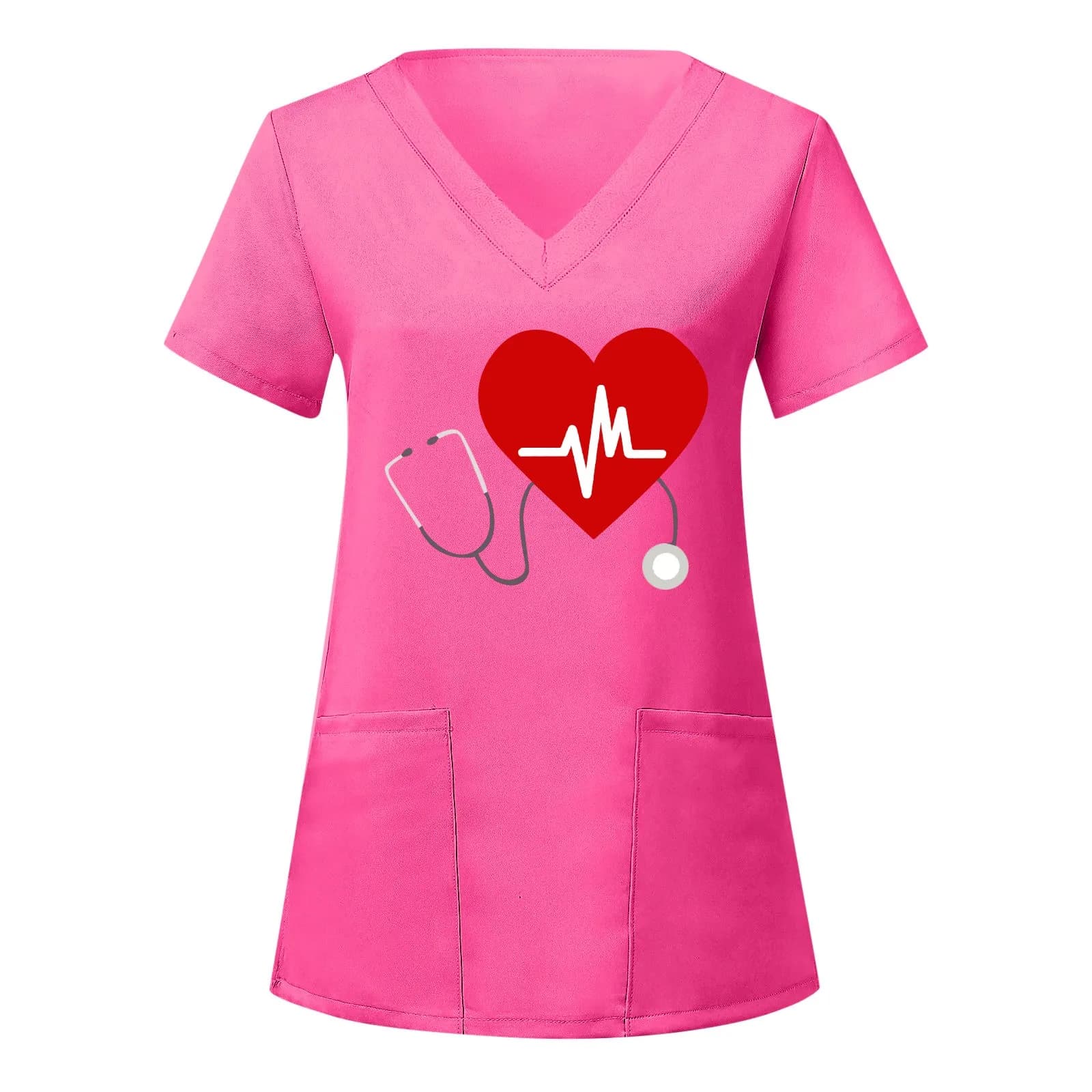 Nuove donne uniformi infermieristiche mediche T-shirt stretch Ombre Love Print scollo a V manica corta T-shirt top con tasca abbigliamento donna