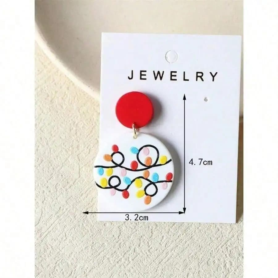 Round Acrylic Drop Earrings Featuring Festive Christmas Light Pattern, Red Top Accent, Boho Holiday Style For Women