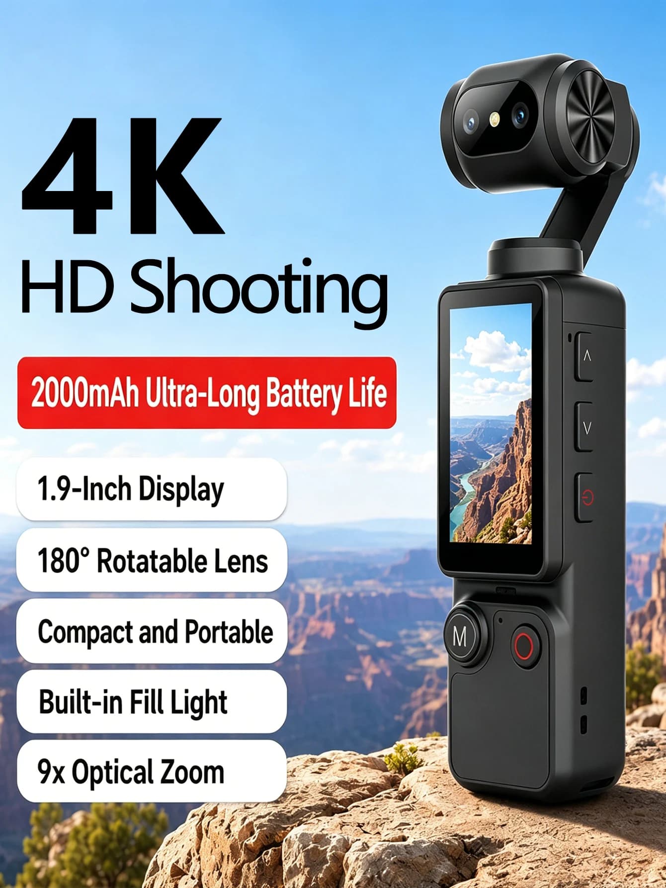 4K HD Portable Digital Camera, 180° Rotatable Lens, Built-in Filters, 1.9 Inch Screen, Ideal for Travel & Selfie Recording