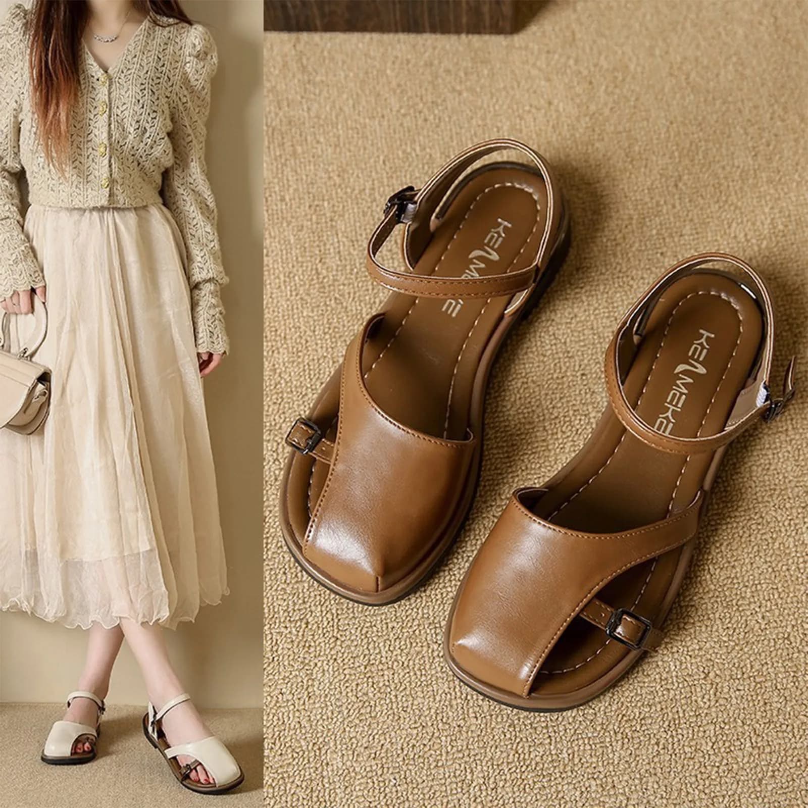 Sandali intrecciati da donna Scarpe singole con cinturino singolo Scarpe singole senza schienale comode scarpe basse da donna semplici con suola morbida romana