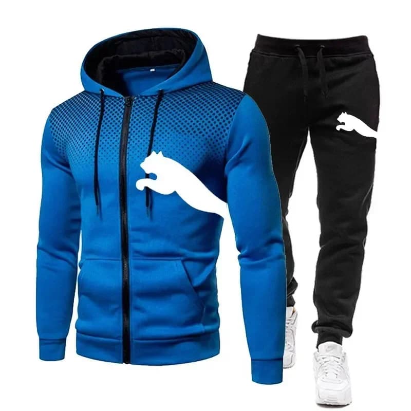 Set da due pezzi di abbigliamento sportivo casual da esterno per l'autunno, set da due pezzi da uomo di felpa con cappuccio e pantaloni sportivi con cerniera