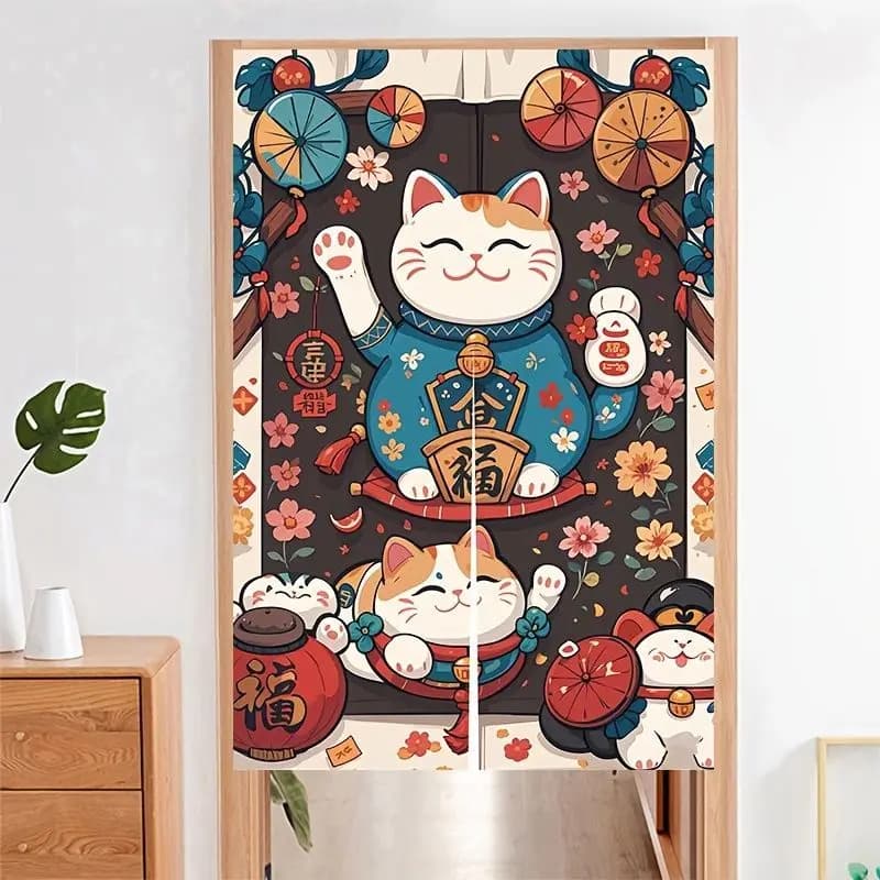 VIKAMA Lucky Maneki Neko Door Curtain Japanese Fortune Cat Hanging Curtain Kitchen Entrance Partition Curtain Home Decor