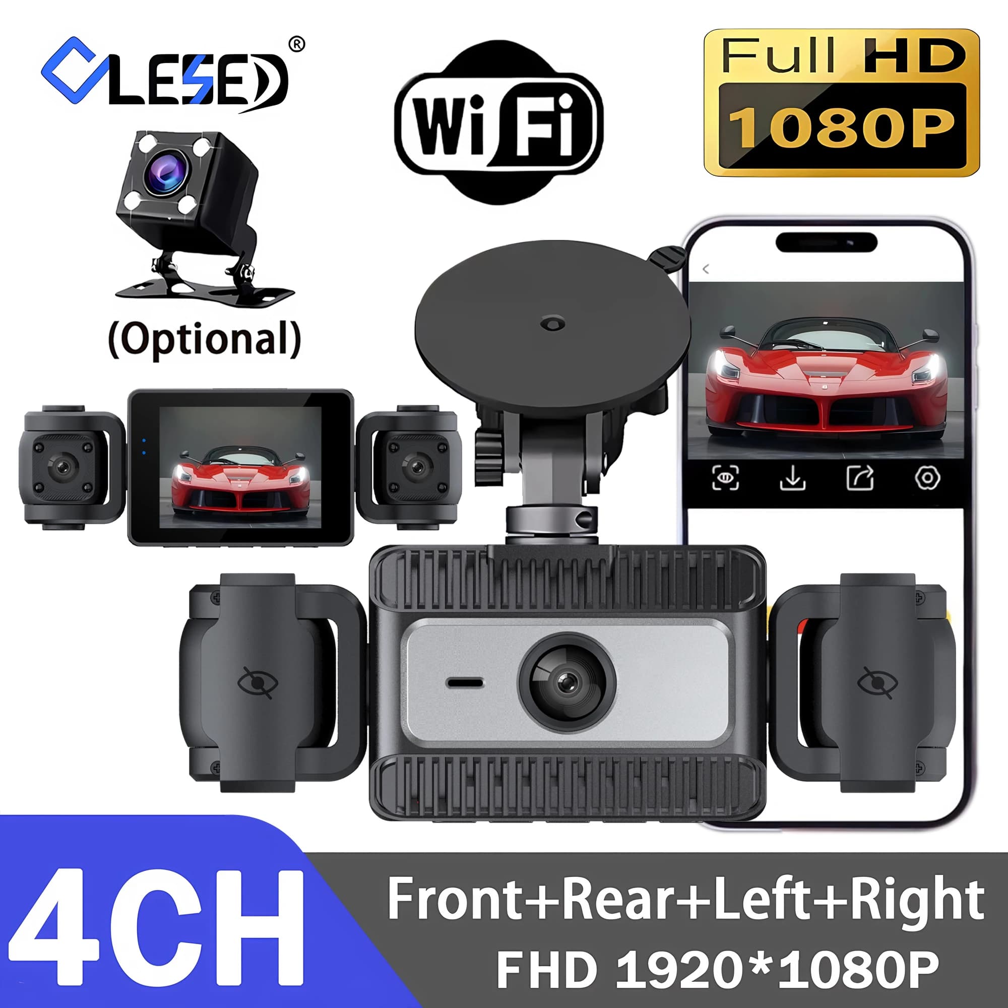 4 Telecamere 360 ° Dash Cam per Auto Full HD 1080P con Wifi, Registratore Video a 4 Canali, Visione Notturna WDR, Telecamera per Cabina