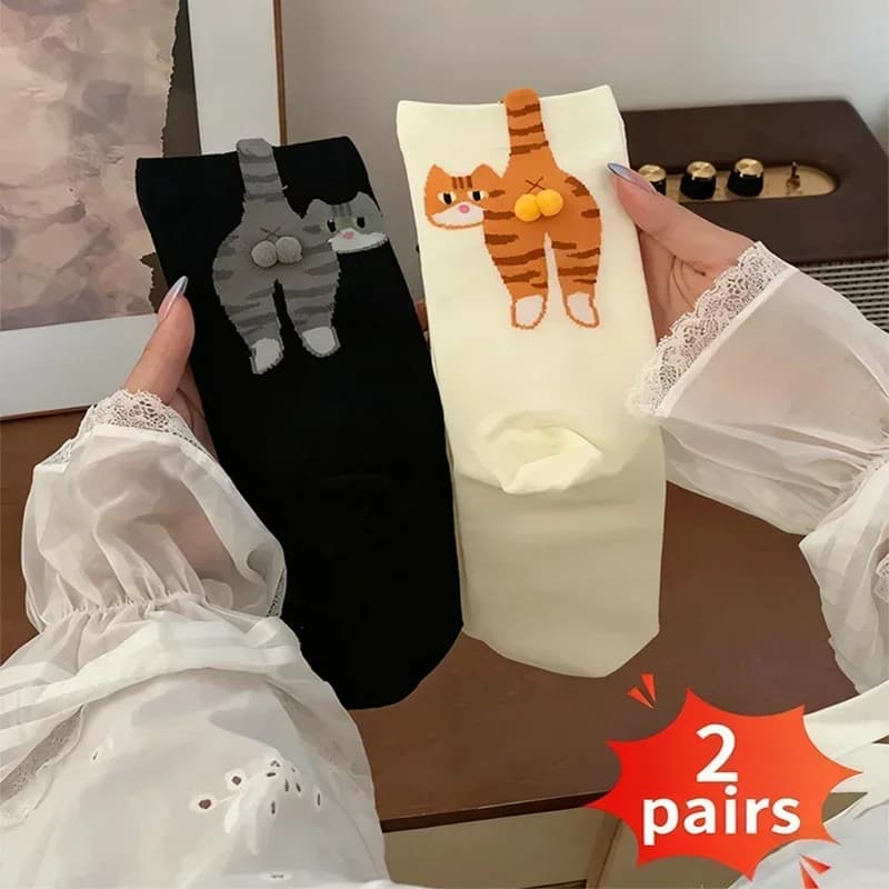 1/2Pair Socks 3D Cute Funny Abstract Cat Butt Mid-Tube Socks Cartoon Quirky Cotton Socks Cat Egg Floor Sock For Girls Sock New