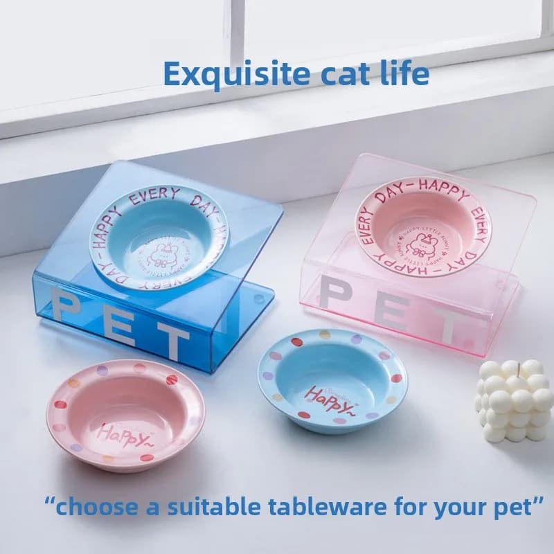 Ciotola per Animali Domestici in Ceramica a Forma di UFO Coreana con Supporto in Acrilico per Protezione del Collo, Contenitore per Cibo e Acqua per Gatti e Cani