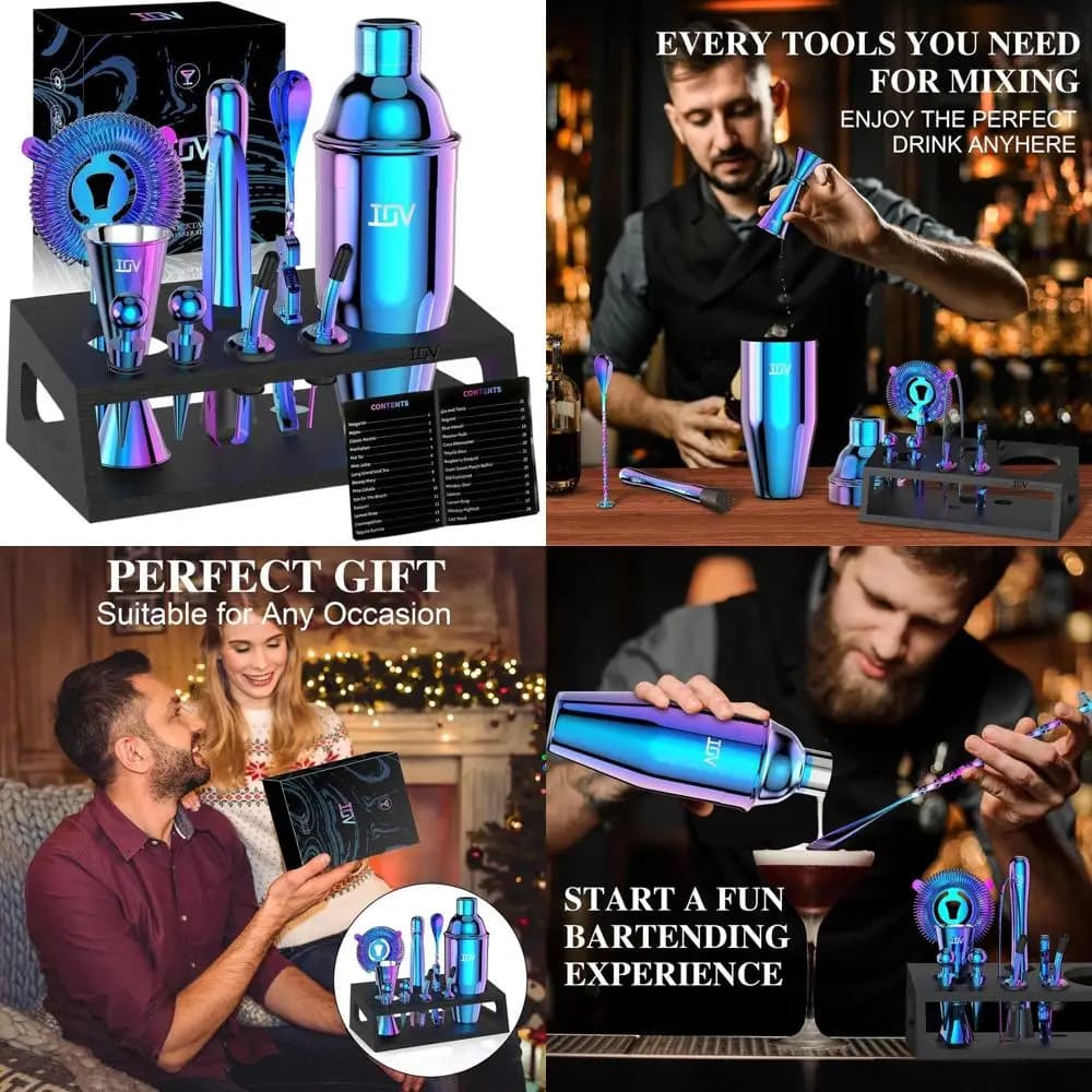Kit da mixology Rainbow da 12 pezzi | Set Shaker per Cocktail da 24 Once con Supporto | Set Completo di Strumenti da Bar e Libretto di Ricette | Regalo perfetto per la inaugurazione della casa
