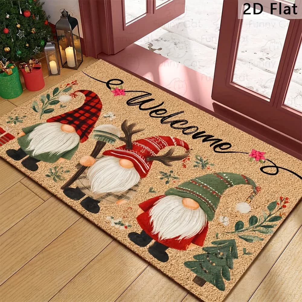 Christmas Gnome Welcome Mat Featuring A Design With Three Christmas Gnomes Perfect For Holiday Decoration This Non Slip Washable Floor Mat Makes A Great Christmas Gift And Winter Home Ornament Premium Polyester Flannel Fabric Aesthetic Durable Style