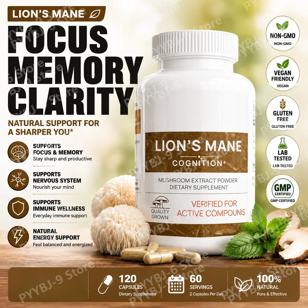 Capsule di Estratto di Fungo Criniera di Leone Biologico, Integratore a Base Vegetale con Beta Glucano per Concentrazione, Memoria e Benessere Quotidiano, 120 Capsule