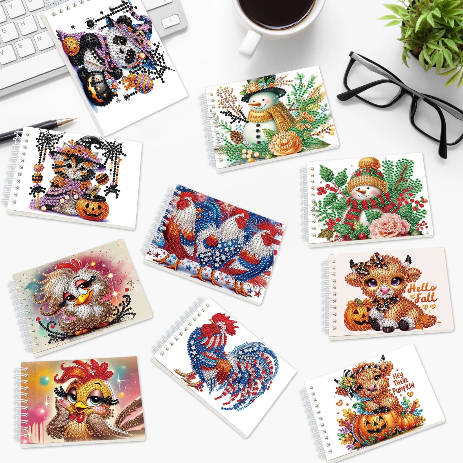 Mini spiral sketches with artistic painting with 2-piece diamonds, set of artistic notebooks with special animal-themed diamonds for office festival gift