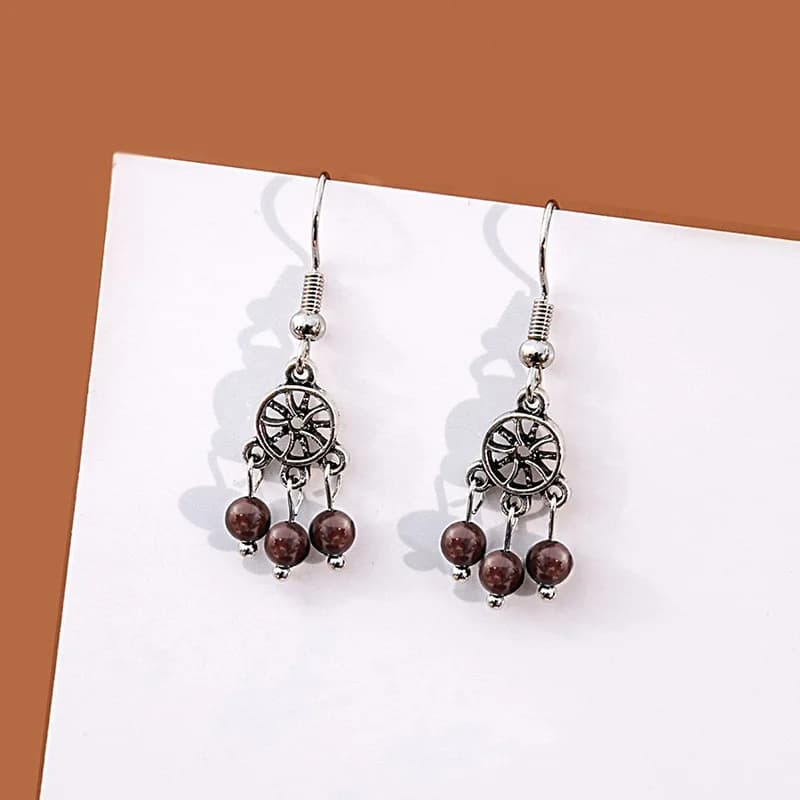 Retro Boho Ethnic Style Hollowed Dangle Earrings Geometric Dream Catcher Design Ear Jewelry Gift for Girls Women Summer Ornament