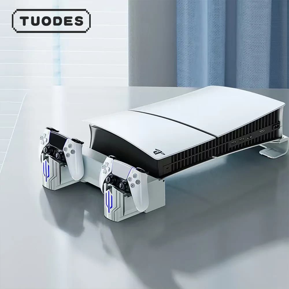 Tuodes Supporto di raffreddamento orizzontale con caricatore controller Ventole regolabili con luce RGB Stazione di ricarica rapida per PS5 Pro/PS5 Slim