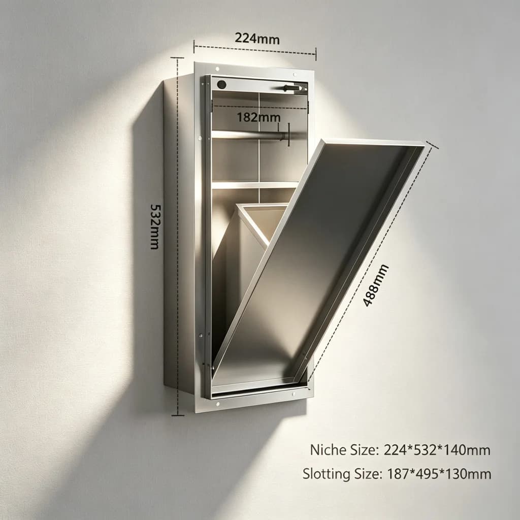 Stainless Steel Recessed Wall Niche Cabinet with Built-in Trash Can, Wall Mount Bathroom Storage Rack for Toilet Side