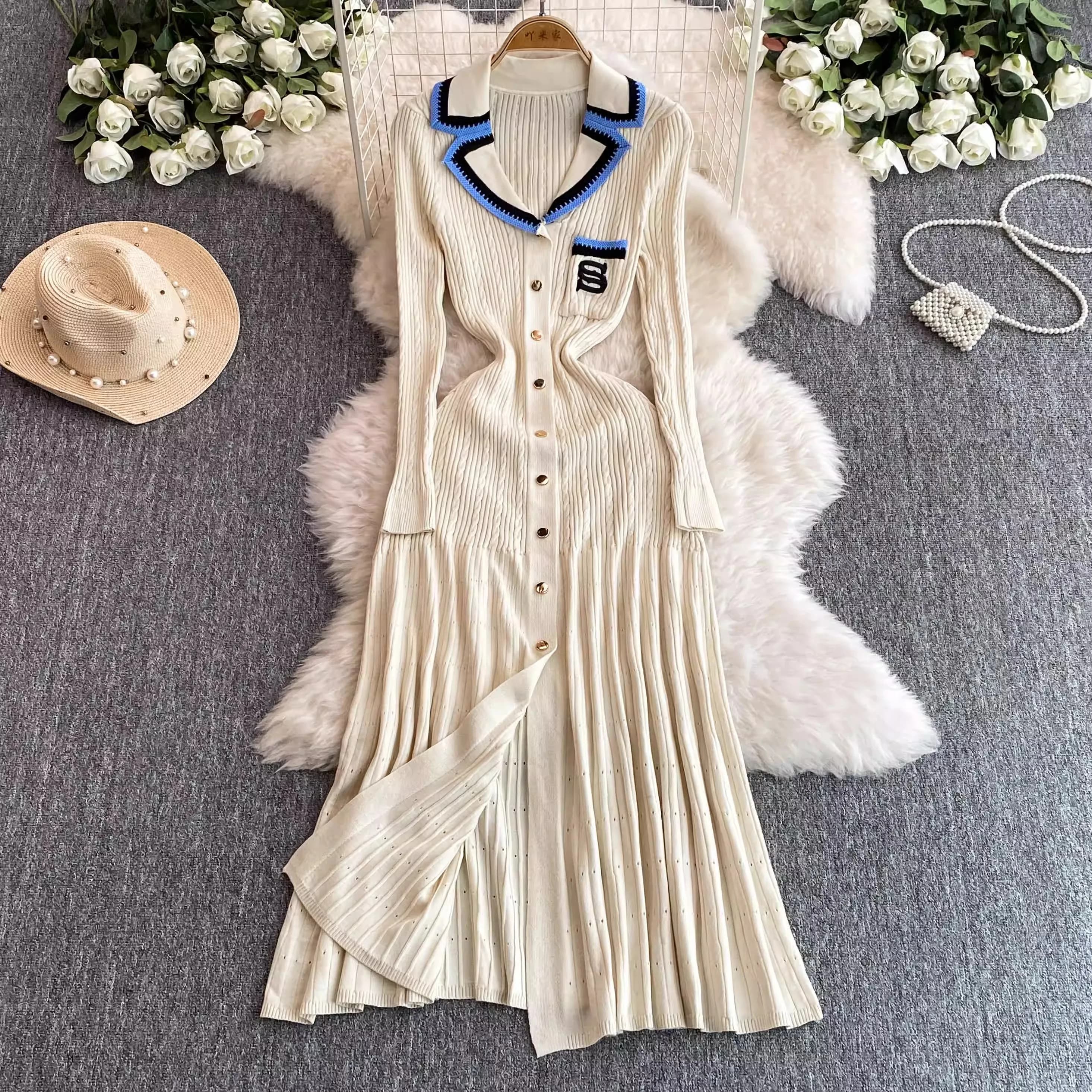 YuooMuoo autunno inverno manica lunga donna lavorata a maglia vestito marca moda dentellata a-line Maxi vestito elegante ufficio signora abiti