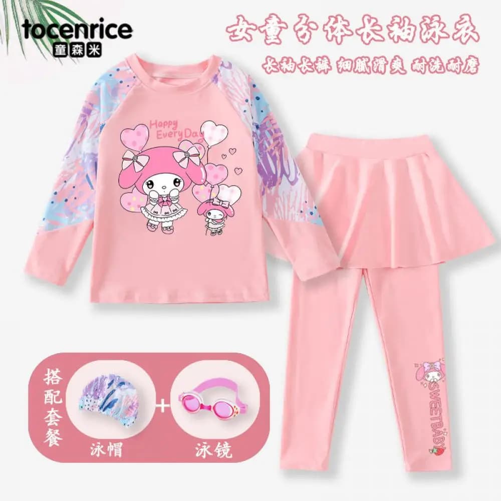 My Melody Girls Swimsuit Quick Dry Swimwear Sanrios Cartoon Long Sleeves Skirt Pants Sweet Vacation Children's Beachwear