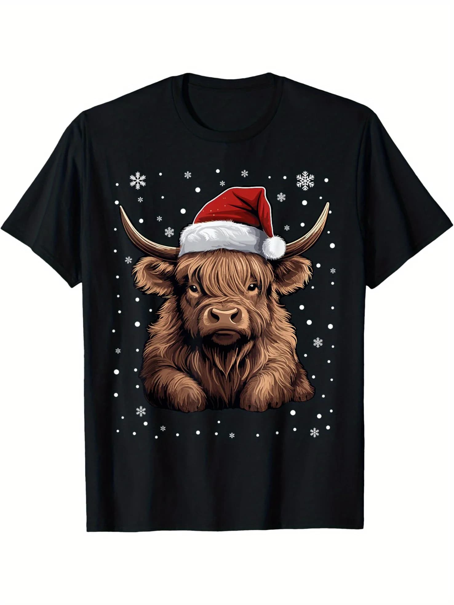 Highland Cow Christmas T-shirt - 180 g black cotton, Santa Claus style pajamas hat to wear every day