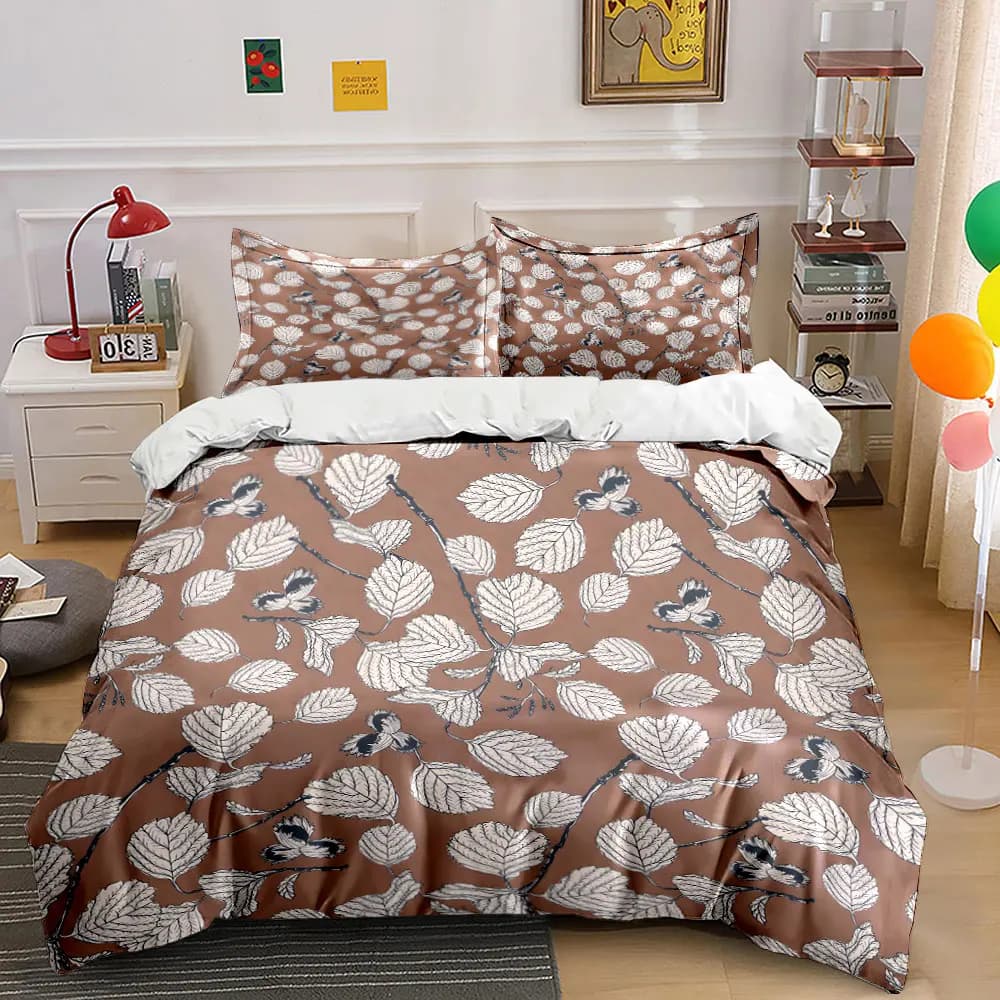 Set di biancheria da letto con stampa su sfondo marrone e foglie bianche, 1 copripiumino, 2 federe per adulti e bambini, regalo di lusso, misura completa