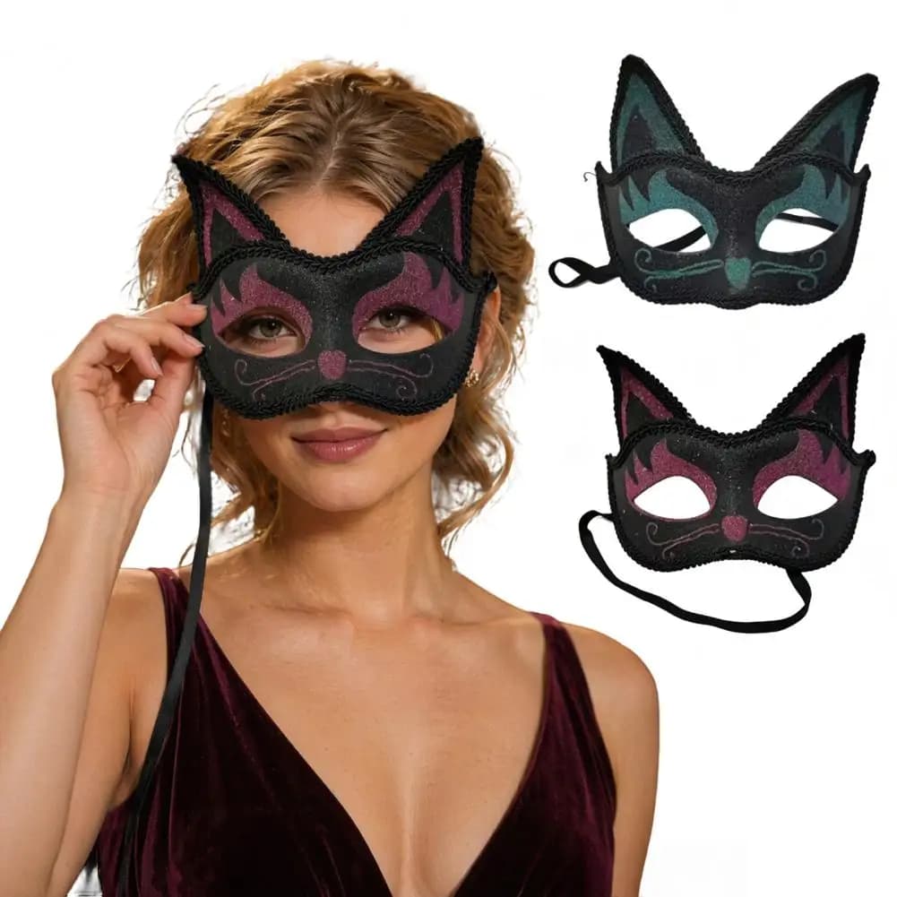 Vintage Glitter Cat Half Face Mask 3D Cat Texture Funny Cosplay Halloween Cat Party Eye Mask Breathable Animal Design