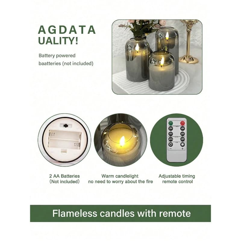 3 Pack Grey Flameless LED Candles Battery Operated with Remote Timer 3D Warm Light for Holiday Home Decoration