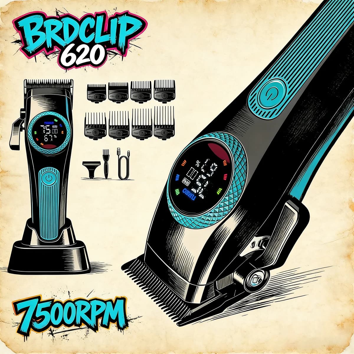 Professional Electric Haircuts BRDCLIP, BRD-620 Model, 7500 RPM, Digital LCD Display, Hair Cutting Machine for Salons and Barbieri