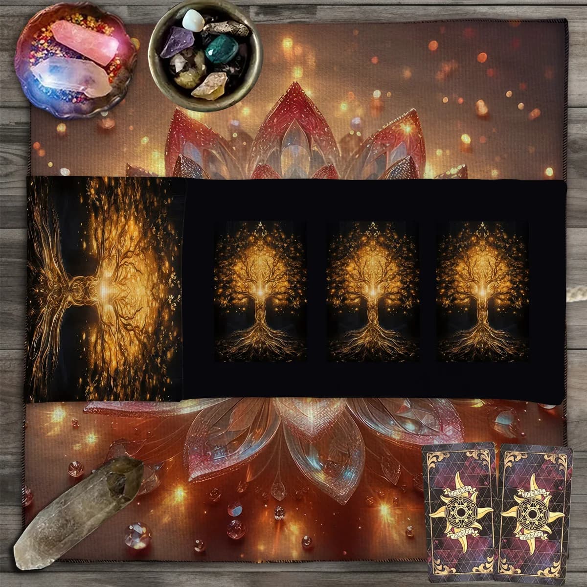 Borsa portaoggetti per carte dei tarocchi dell'albero della vita dorato Borsa per divinazione in tessuto per tarocchi Borsa portaoggetti per tarocchi