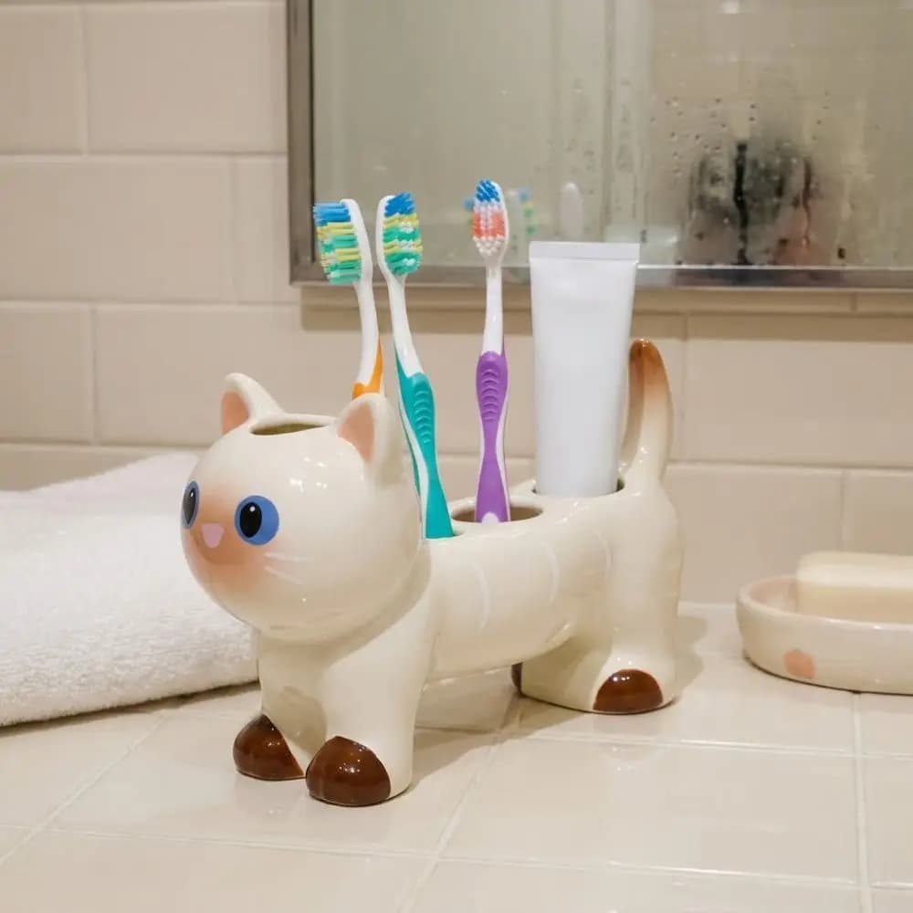 Portaspazzolino in ceramica a forma di gatto/cane con 4 fori, supporto per spazzolino elettrico a cartone animato, base impermeabile e antiscivolo