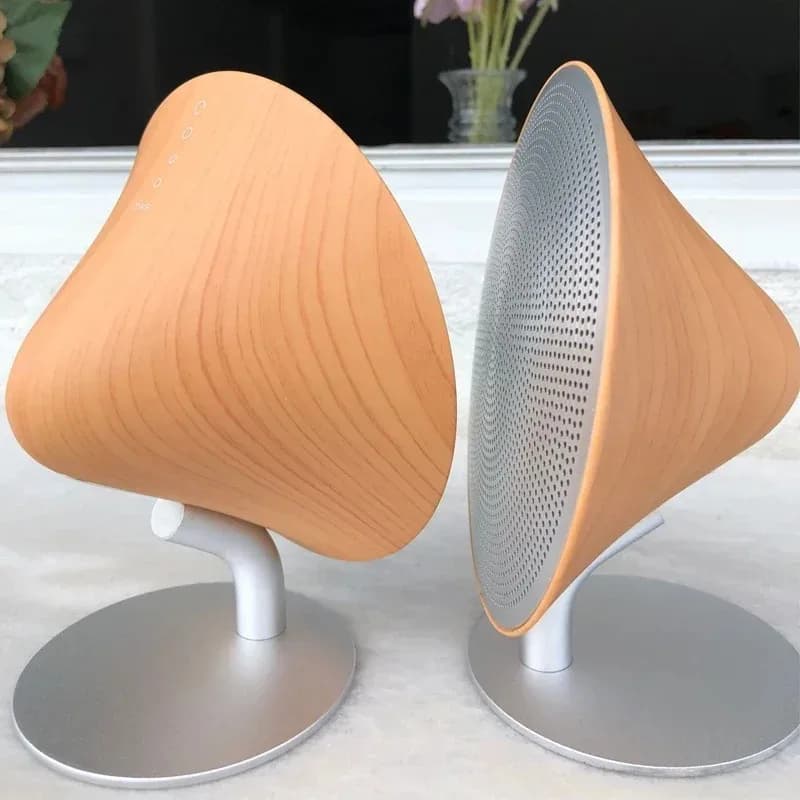 UFO Shaped Wooden Bluetooth Speaker 360° Surround Sound Desktop Wireless Speaker with Aluminum Stand for Home Office Decor