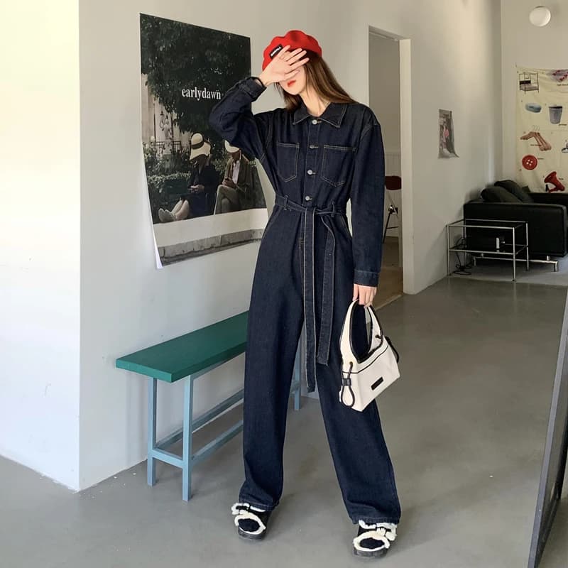 Nuova Tuta in Denim Primaverile 2026, Stile Coreano, Tinta Unita, Vita Elastica, Maniche Lunghe, Stile Universitario
