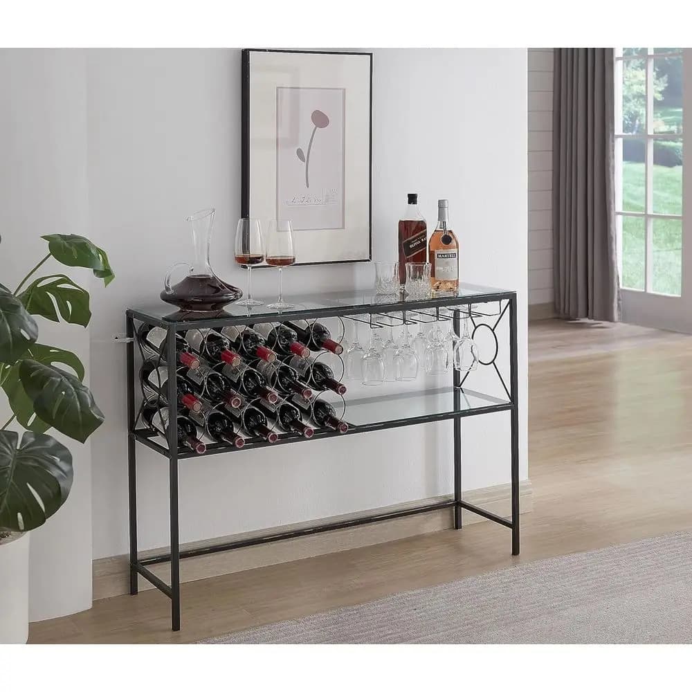 Consolle da Divano con Portabottiglie, Mobile Bar con Ripiani per Vino e Portabicchieri, Bronzo/Vetro