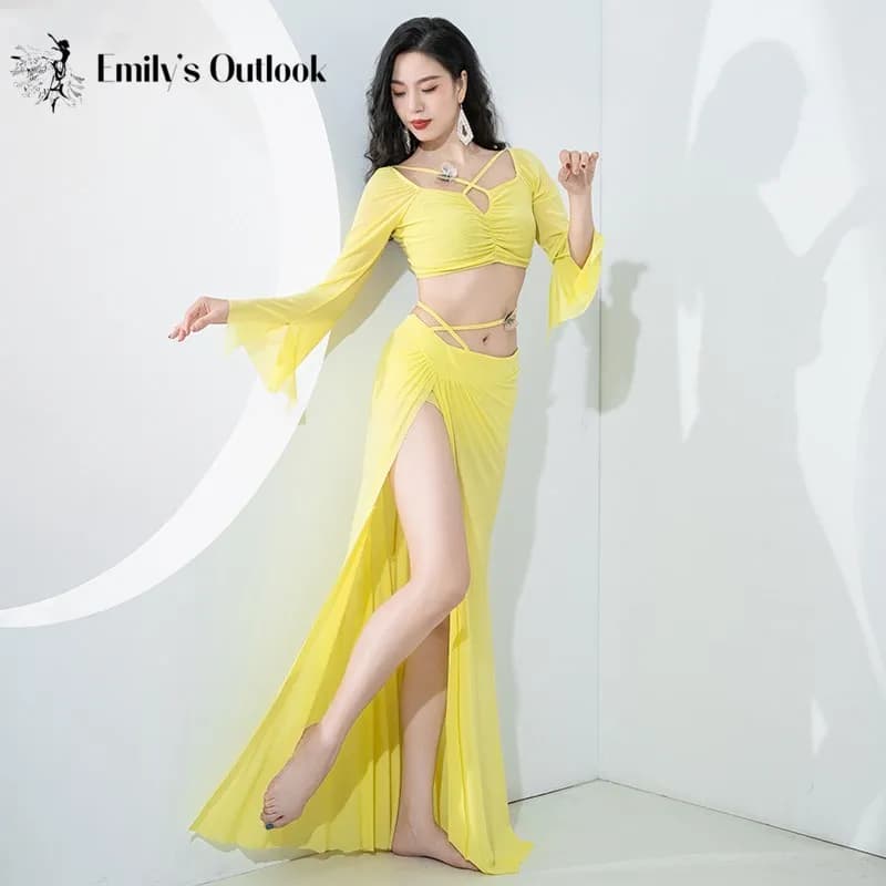 Abiti da ballo Sexy adulti donne filato d'acqua garza Dancewear 2 pezzi manica lunga vestiti da palcoscenico danza del ventre concorso spettacolo di usura