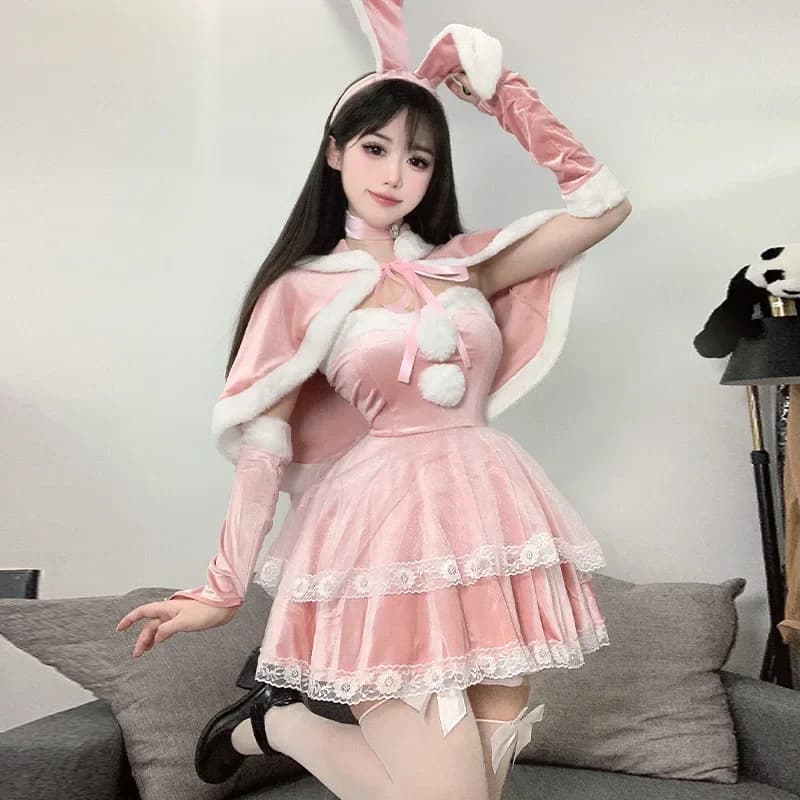 Natale sexy peluche coniglietta cosplay uniforme costumi di pizzo kawaii abito da principessa in velluto abiti da gioco di ruolo anime biancheria intima rosa