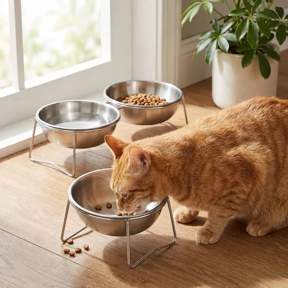 Large Capacity Stainless Steel Cat Bowl Anti-Tipping Neck Protection Elevated Pet Food Bowl Nonslip Raised Double Water Bowls