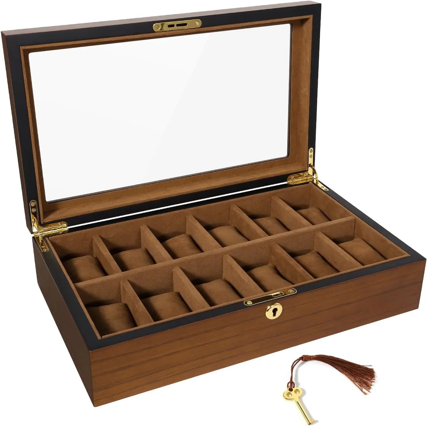 12-storey wooden watch box with lock and wrench, Velvet coating, Removable cushions for Store Jewelry
