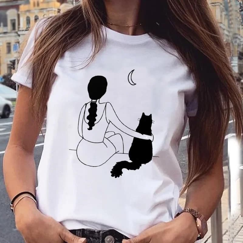 T-shirt da donna con stampa animalier gatto carino moda T-shirt girocollo da donna top abbigliamento donna magliette grafiche Harajuku estetica